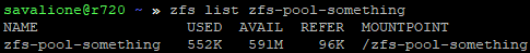 'zfs list' output showing the increased total capacity of the pool.