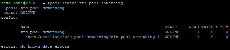 Output of the 'zpool status' command showing the new pool is online.