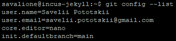 Git current settings (output of 'git config --list')