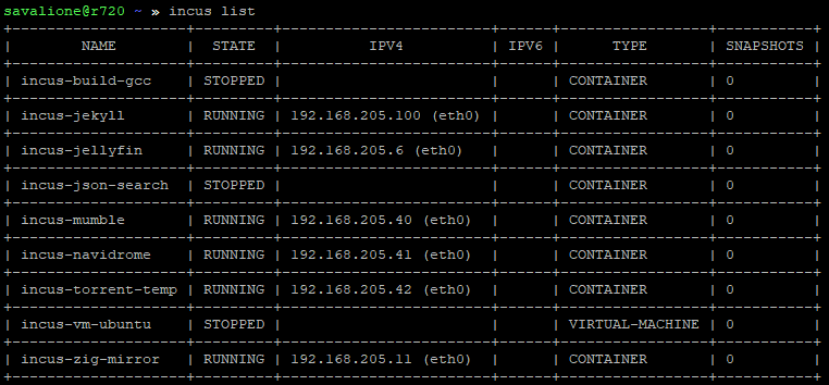 'incus list' output showing all containers and virtual machines in Incus