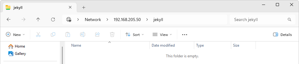 Windows 11 Explorer connected to the new Samba share