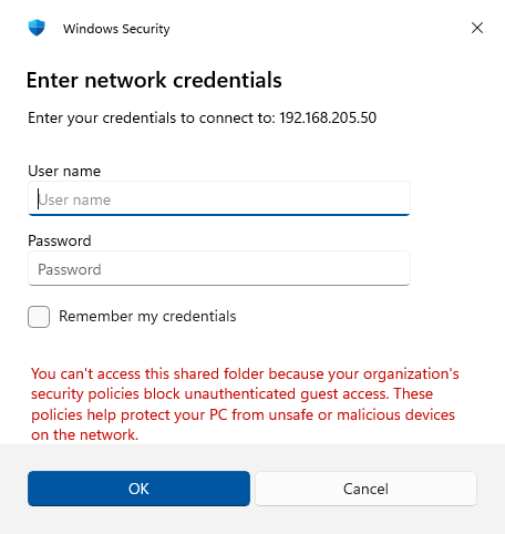 Windows 11 asking for Samba server network credentials