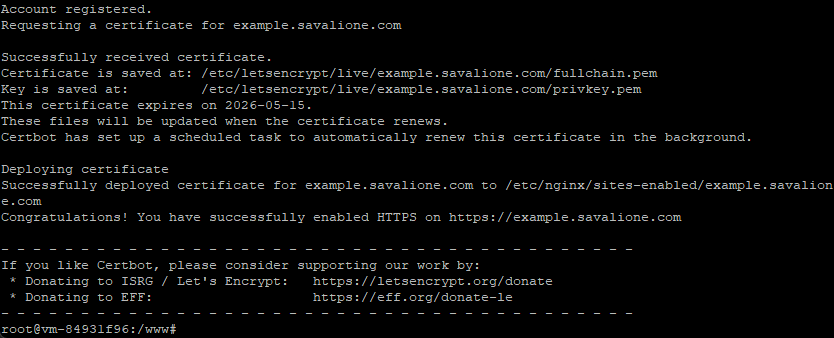 Certbot success message confirming certificates were obtained Certbot success message confirming certificates were obtained