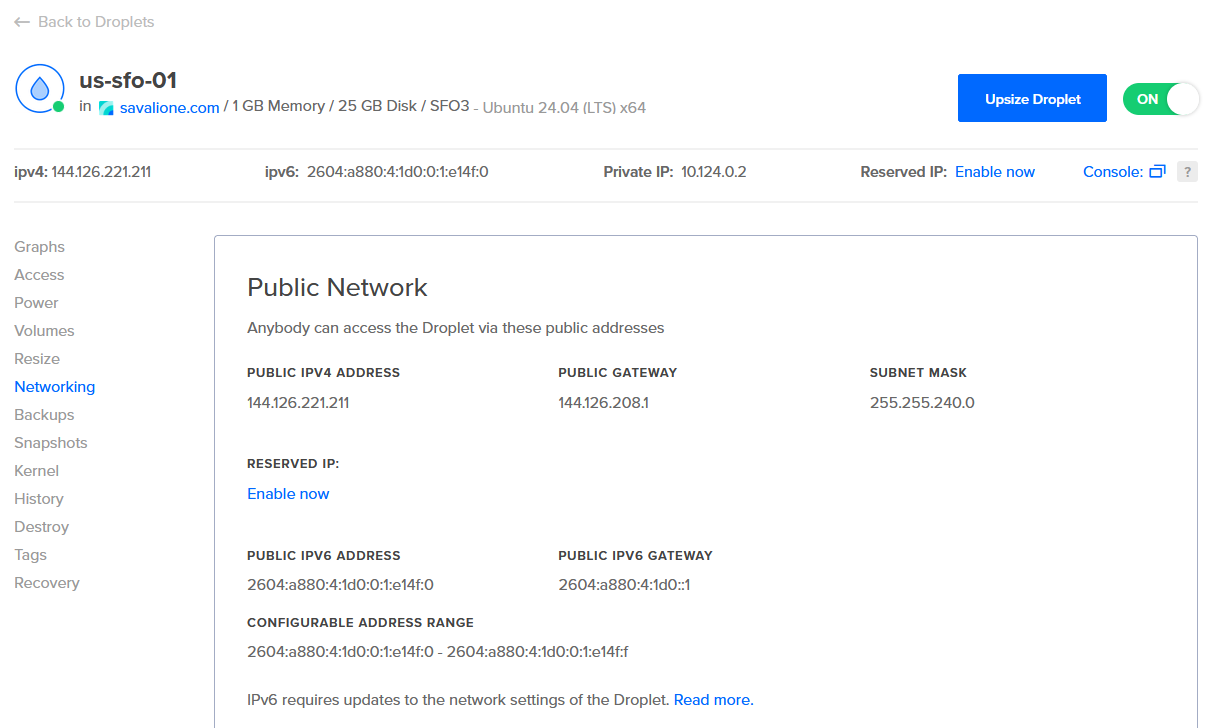 DigitalOcean droplet network settings showing IPv4 and IPv6 addresses DigitalOcean droplet network settings showing IPv4 and IPv6 addresses