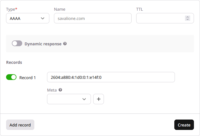 DNS GCore configuration interface adding an AAAA record DNS GCore configuration interface adding an AAAA record