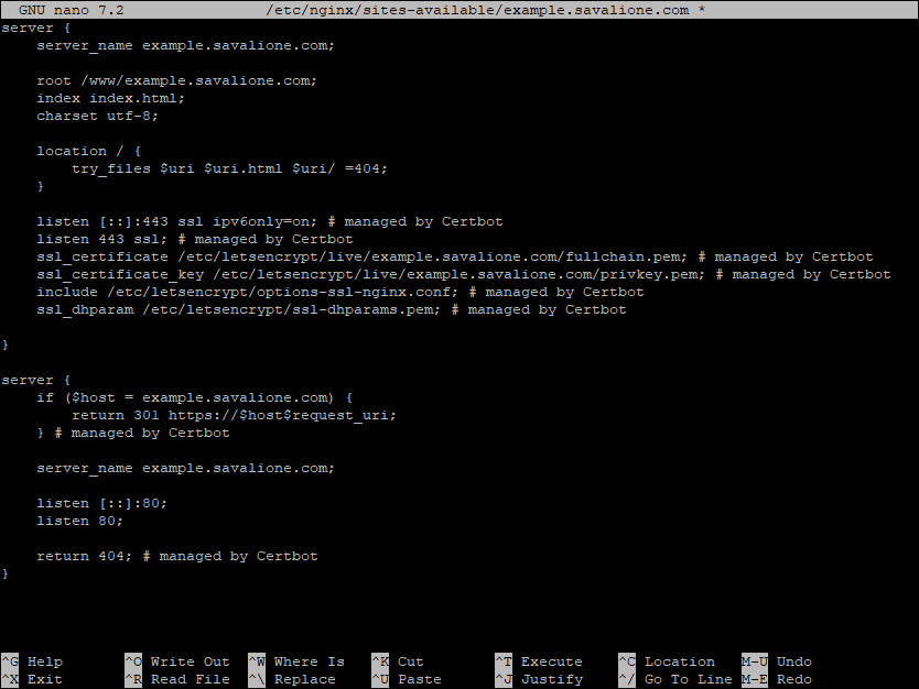 Nginx configuration file showing modifications made by Certbot for SSL Nginx configuration file showing modifications made by Certbot for SSL
