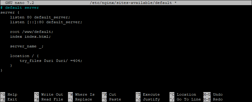 Editing the default nginx configuration file in nano Editing the default nginx configuration file in nano