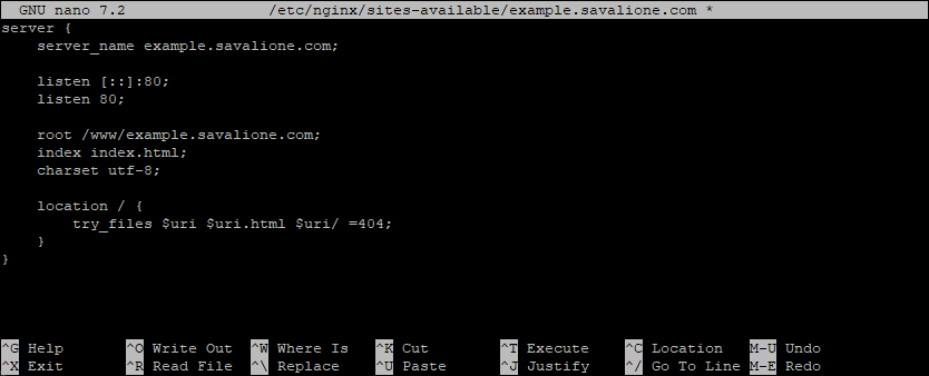 Editing the specific nginx configuration for example.savalione.com Editing the specific nginx configuration for example.savalione.com