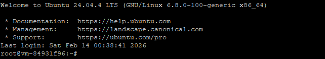 Terminal window showing initial SSH login to an Ubuntu server Terminal window showing initial SSH login to an Ubuntu server