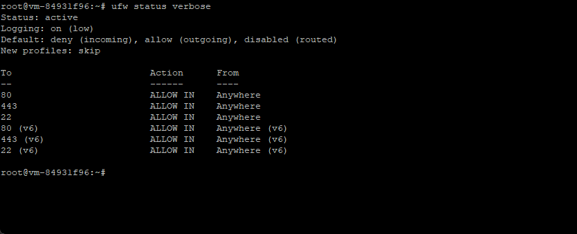 Output of 'ufw status verbose' showing the firewall open ports and status Output of 'ufw status verbose' showing the firewall open ports and status
