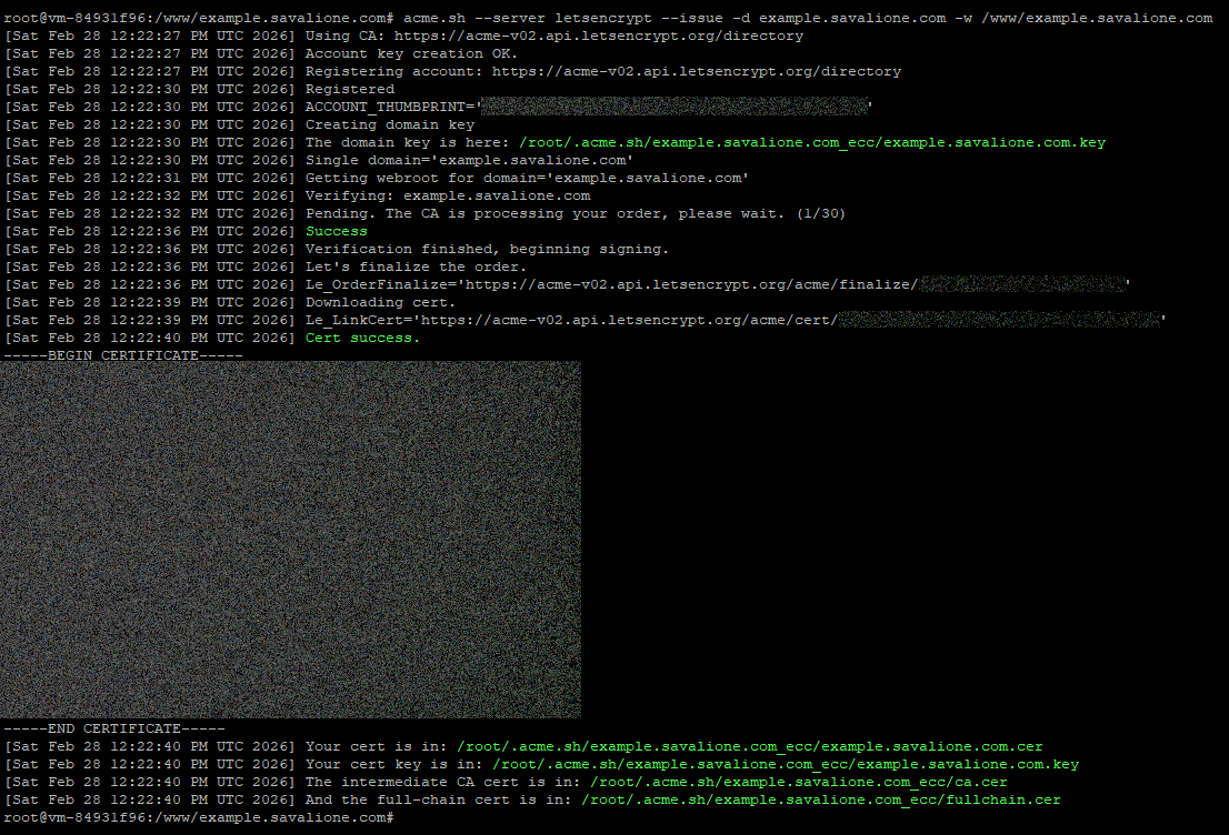 Screenshot of a bash terminal (issuing a certificate for an example domain)