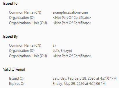 Screenshot from Chrome browser about the current SSL certificate