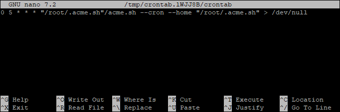 Screenshot of a bash terminal (editing crontab records via nano)