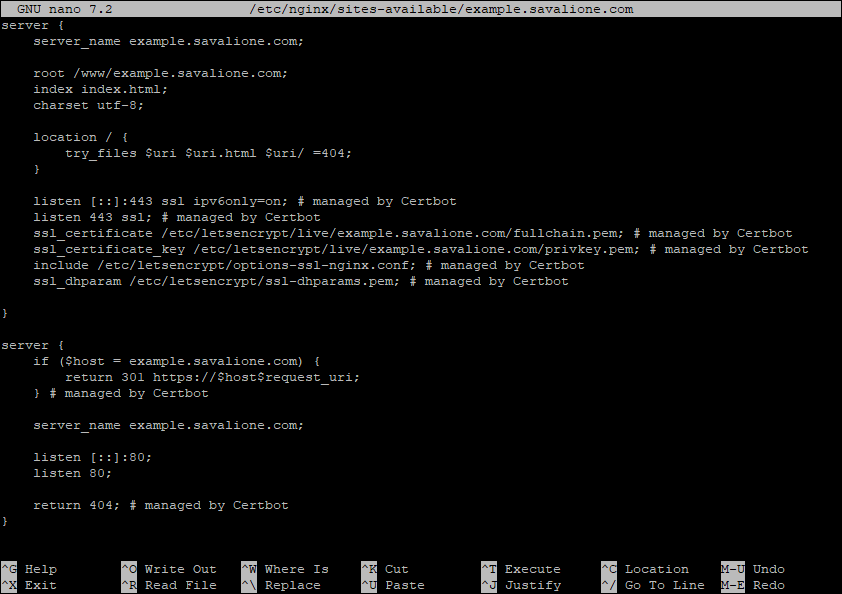 A screenshot of an nginx configuration for a site that was modified by Certbot