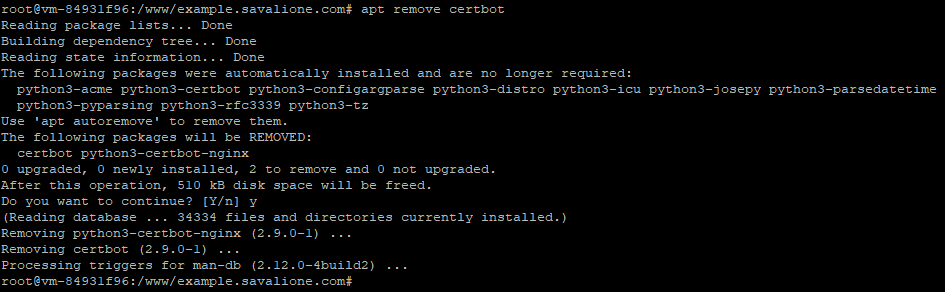 Console output about certbot package being removed