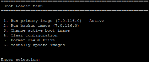 Press ESC during boot to access the Boot Loader Menu Cisco WLC Boot Loader Menu terminal output