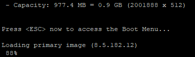 Successful boot into the final 8.5.182.12 firmware version Terminal output showing primary image loaded as 8.5.182.12