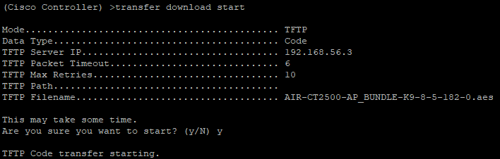 Starting the AP firmware bundle download Terminal prompt asking to confirm TFTP file transfer for AP bundle