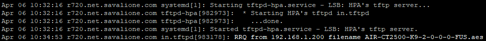 Verifying the file transfer from the TFTP server side Log output on the TFTP server showing the WLC requesting the FUS file