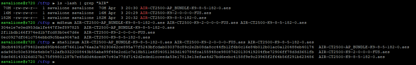 Verifying firmware file integrity using md5 and sha512 checksums Linux terminal output showing md5sum and sha512sum results for Cisco firmware files