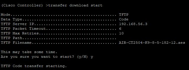 Starting the final AireOS 8.5.182.12 update Terminal prompt asking to confirm TFTP file transfer for AireOS 8.5.182.12