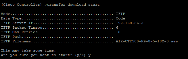 Starting the AireOS 8.5.182.0 firmware download Terminal prompt asking to confirm TFTP file transfer for AireOS 8.5.182.0