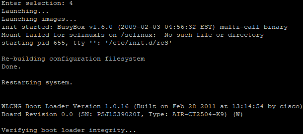 Clearing the configuration to factory defaults Terminal output showing successful clearing of WLC configuration