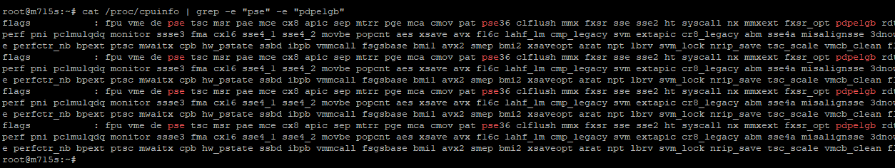 Terminal output, checking CPU hugepages status