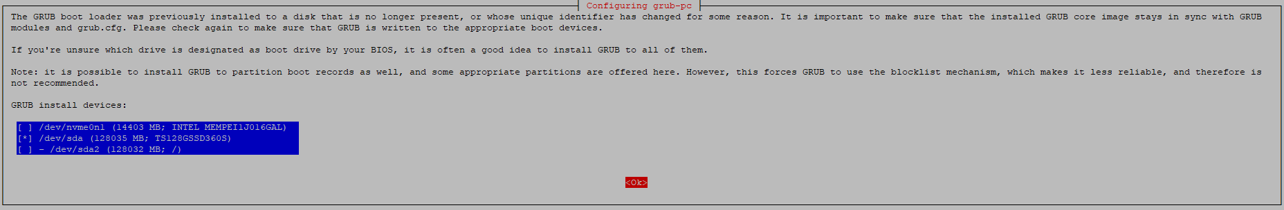 Configuring grub-pc, devices to install on