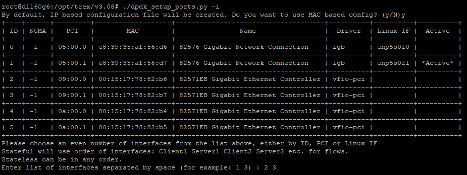 Using the TRex DPDK bind tool, MAC based config and choosing interfaces