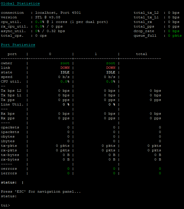 Running TUI without any traffic and a loopback cable connected