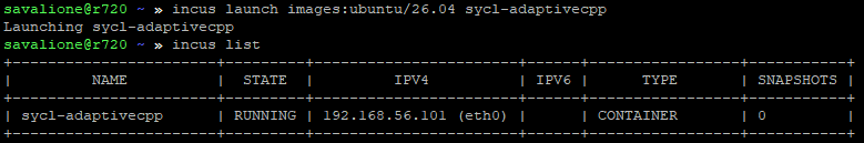 Output of the incus list command Terminal output of incus list showing the new container