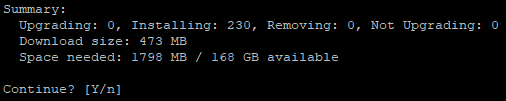 Output of the apt command Terminal output of apt showing the packages to be installed