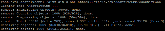 Output of the git clone command Terminal output of git showing the cloned AdaptiveCpp repository