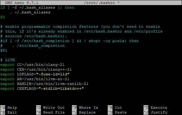 Environment variables configured in .bashrc Terminal output showing the nano text editor with environment variables added to .bashrc