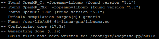 Output of the CMake command Terminal output of CMake showing successful configuration of AdaptiveCpp