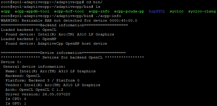 Output of the acpp-info command Terminal output of acpp-info showing device information for the Intel Arc A310