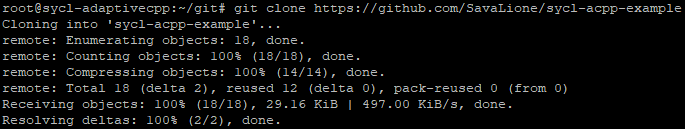 Output of the git clone command Terminal output of git showing the cloned sycl-acpp-example repository