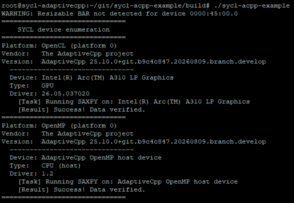 Output of the sycl-acpp-example command Terminal output of sycl-acpp-example showing detected SYCL devices and kernel execution