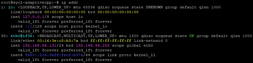 Output of the ip addr command Terminal output of ip addr showing that the new network settings were applied