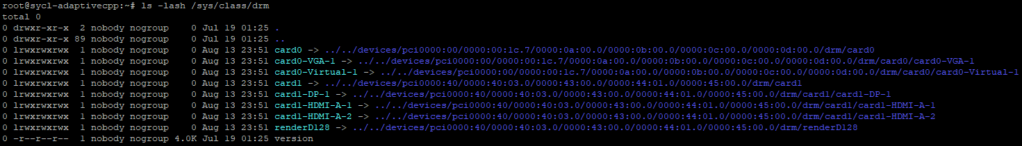 Output of the `ls -lash /sys/class/drm` command Terminal output of `ls -lash /sys/class/drm` showing the Intel Arc A310 GPU