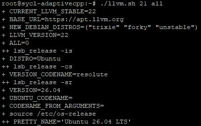 Output of the llvm.sh script Terminal output showing a part of the official LLVM toolchain installation script